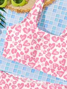 Tween Girl Casual Minimalist Heart Print Tankini Swimwear Set, Suitable For Summer - Multicolor - View 6