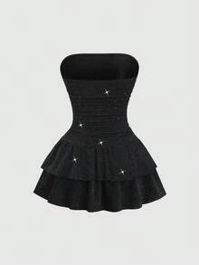 Sweetra Petite Women's Solid Color Shiny Pleated Double Ruffle Hem Fashionable Strapless Dress - Black - View 2
