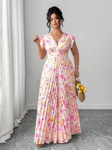 Elenzga 大码女士优雅休闲沙滩度假简约V领荷叶袖收腰显瘦长款印花连体裤 - 粉色 - 查看 6