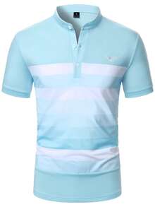 Manfinity Mode Men's Essential Daily Wear, Fashionable Henry Collar Solid Color Polo Shirt - Baby Blue - View 5