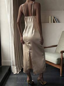 Livesso Đầm midi satin hai dây eo dành cho nữ - Màu Khaki - Xem 3