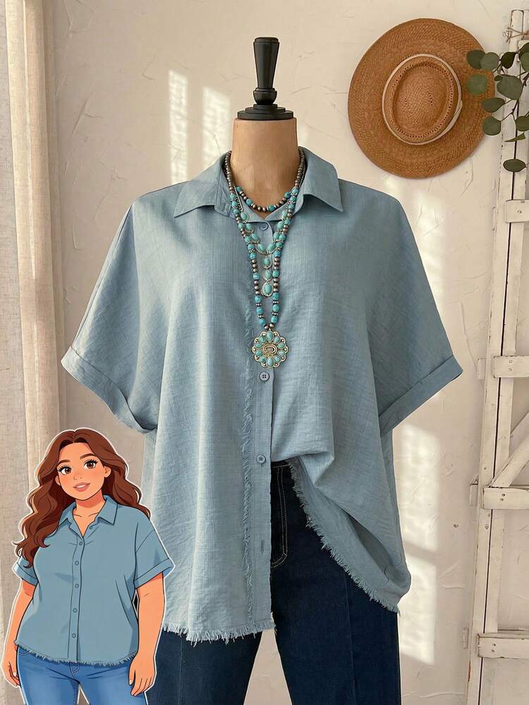 Plus Size Women's Blue Bat Sleeve Single-Breasted Casual Shirt For Summer/ Vacation Summer Top Summer Summer Spring Spring Women Spring Country Style For Women