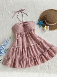 Elamini Women's Pink Embroidered Tie-Up Camisole Dress, Casual Sexy Beach Vacation Style For Spring/Summer - Pink - View 3