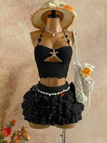 Soleia Women's Romantic Vacation Knit Halter Neck Tie Top And Multi-Layer Ruffle Hem Midi Skirt 2-Piece Set, Suitable For Beach, Seaside, Sexy, Dating Beach Skirt Set Vacation Outfits Woman 2 Piece Women Summer 2 Pieces Sets Festival Two Piece Outfit Skirt Swimsuit Set - Black - View 9