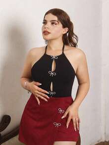 Lupita Cardoza 女士纯色水钻蝴蝶结装饰交叉裹身优雅短裤 - 酒紅色 - 查看 4