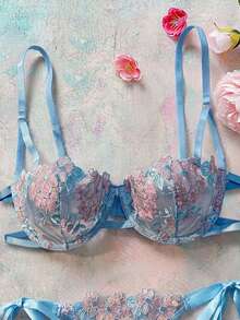 2pcs/Set Women Sky Blue Embroidered Lace-Up Lingerie Set - Baby Blue - View 4
