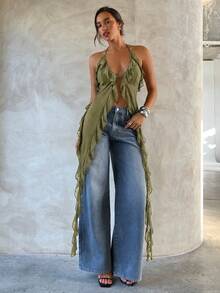 Aloruh Blusa de mujer con cuello halter de gasa sexy - Verde - Ver 4