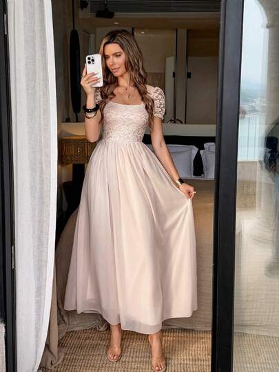 Lucivie Romantisches Damen Spitze Maxikleid, Off-shoulder, elegantes weißes Kleid mit geraffter Taille für formelle Partys, geeignet für romantische Dates, Junggesellinnenabschiede, Brautjungfernkleider, Urlaub auf der Insel, Cocktailpartys