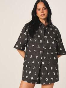 Missguided x Playboy Women's Oversized Letter Print Shirt And Shorts Two Piece Coordinating Set Summer Casual Matching Outfits - Black and White - View 6