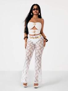 Vadaroq Women's Spring/Summer Streetwear Going Out Vacation Vintage Chic Lace Western Wear Mid Rise White Flare Pants - White - View 6