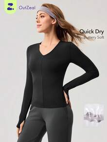 OutZeal 女士运动T恤 黑色瑜伽健身服 速干长袖V领修身上衣 - 黑色 - 查看 10