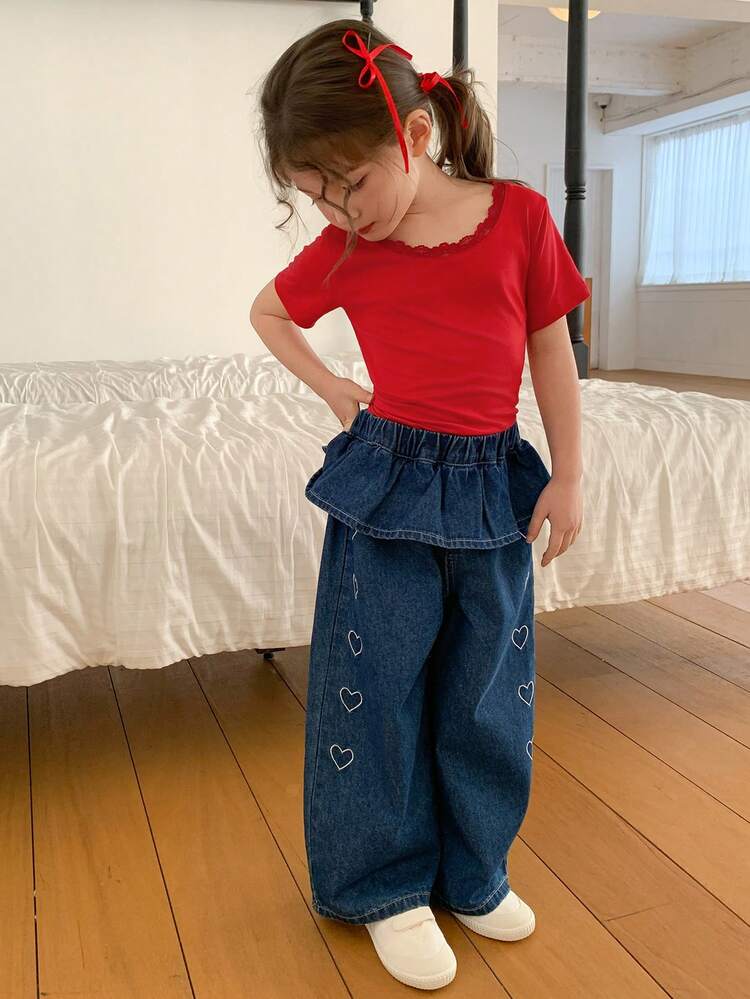 Young Girls Heart Decor Ruffled Trim Denim Jeans, Fall