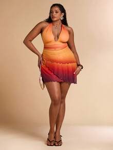 SHEIN BAE 大码女士渐变色吊带不对称迷你连衣裙，金属扣无袖连衣裙 - 彩色 - 查看 7