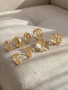 Resyla 8pcs/Set Cincin Polos Halus Vintage, Cincin Bintang Laut Bohemian yang Dipersonalisasi, Cincin Fashion - Emas - View 3