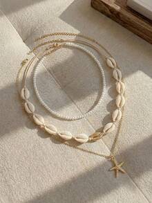 Resyla 3 件波西米亚海洋风格美人鱼贝壳和仿绿松石海星吊坠串珠项链套装，适合女性日常和海滩度假装 - 米色 - 查看 4