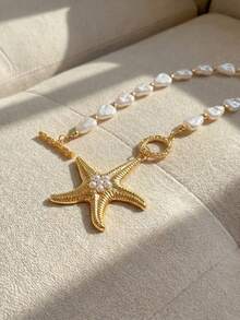 Resyla 1pc Bohemian Beach Seaside Holiday Starfish Pendant Pearl Necklace, Simple Jewelry Accessory For Daily, Holiday, Party, Dress Matching - Pendant Necklace - View 2