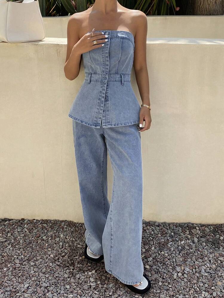 Women's Strapless Tight Waist Top And Loose Denim Jeans Set, Suitable For Spring And Summer