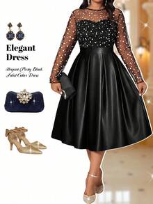 Fleurora Đầm dự tiệc chấm bi phối lưới thanh lịch cỡ lớn - màu đen - Xem 8