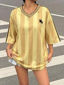 Muchica 女士时尚条纹印花宽松撞色V领上衣，春夏款 - 黃色 - 查看 5