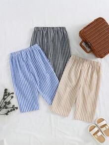 SHEIN 3件套男女宝宝通用服装，男宝宝休闲可爱百搭条纹缎带装饰松紧腰裤套装 - 彩色 - 查看 2