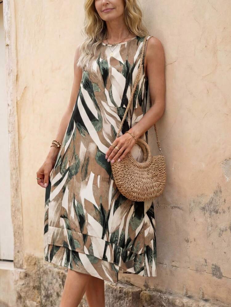 Women All-Over Print Sleeveless Midi Casual Dress For Vacation,Bohemian Clothes
