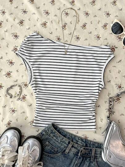 Comfortcana Women's Casual Striped Asymmetric Ruched Cropped Top, Suitable For Summer, Suitable For Vacation