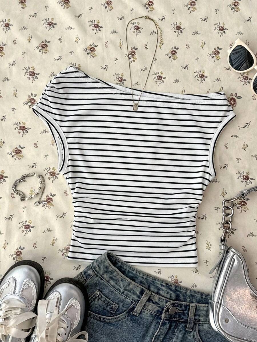 SHEIN EZwear Áo croptop nữ kiểu dáng thường ngày kẻ sọc, bất đối xứng, xếp ly, thích hợp cho mùa hè và kỳ nghỉ. - Nhiều màu - Xem 1