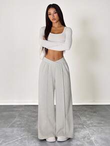 SHEIN PETITE Quần dài thể thao ống rộng không đối xứng màu trắng mùa xuân Quần váy tốt nghiệp, trang phục trở lại trường, tốt nghiệp, trang phục giáo viên dành cho nữ, trở lại trường - trắng - Xem 10