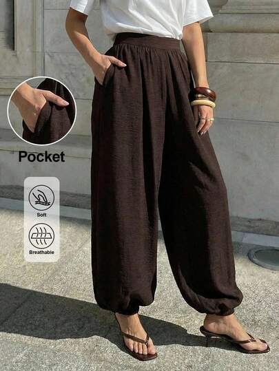 Lavishia Pantalones globo casuales para mujer, pantalones largos cómodos y versátiles de color café, para primavera/verano