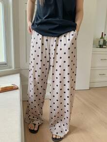 Dazy Plus 2pcs Solid Color Fitted Cap Sleeve Top And Polka Dot Long Pants Cute Pajama Set, Spring/Summer - Black - View 2