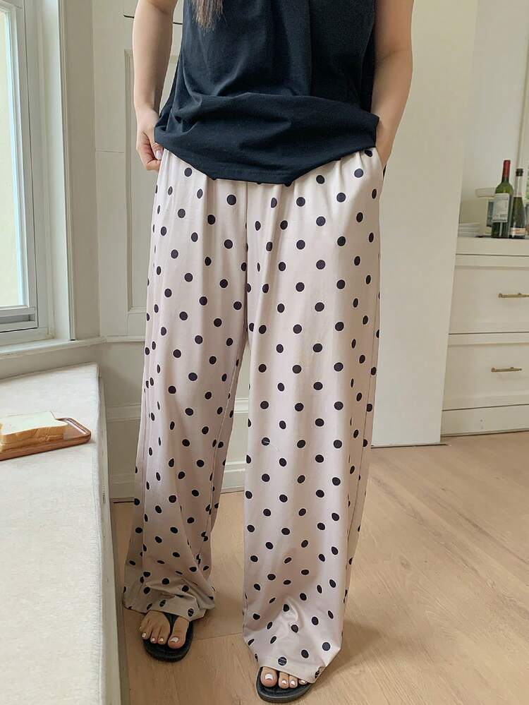 Dazy Plus 2pcs Solid Color Fitted Cap Sleeve Top And Polka Dot Long Pants Cute Pajama Set, Spring/Summer