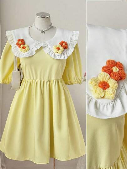 Sweetra Peter Pan Collar Petal Sleeve Floral Decor Loose Cute Preppy Style Outdoor Vacation Date Dress For Women