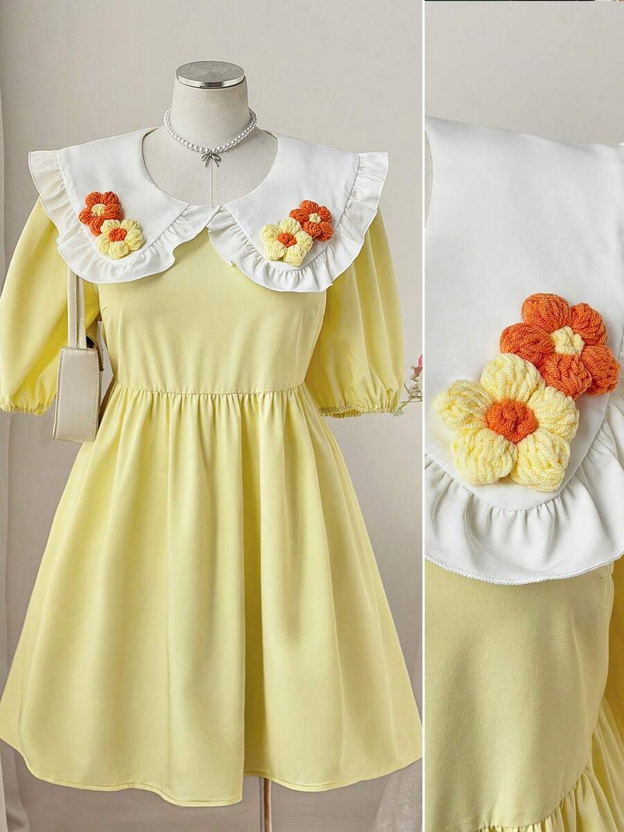 Sweetra 彼得潘领花瓣袖花卉装饰宽松可爱学院风户外度假约会连衣裙 - 黃色 - 查看 1