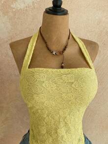 Soleia Camiseta de punto blanca con textura y ajuste ceñido con escote halter para vacaciones de mujer - Amarillo - Ver 4