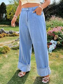 EMERY ROSE Plus Size Casual Solid Color Button Pocket Wide Leg Jeans - Light Wash - View 3