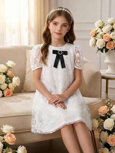 Pitira Tween Girls Partywear White, Bow-Tie, Puff Sleeves, Loose Fit, Lace, Glamorous Dress, Elegant, Suitable For Parties, Wedding Season, Holidays, Valentine's Day, Flower Girl/Bridesmaid Dresses.