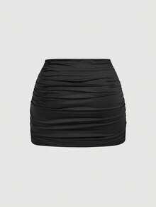 SHEIN MOD Plus Size 2pcs Women's Casual Minimalist Ruched Bodycon Mini Skirt Set,Halloween Costumes,Vacation Outfits Women,2000s Clothes, Costume - Multicolor - View 6