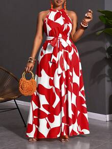 Slaydiva 2026 Spring/Summer Plus Size Women's Geometric Print Halter Neck Dress Wrap Around Dresses For Ladies Women's Talk Dress Women's Wrap Dress Wow Dress - Red - View 8