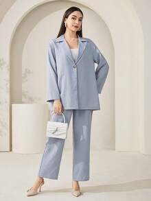 Veilorie Women's Solid Color Lapel NeckLong Sleeve Single-Breasted Jacket And Pants Casual Suit Set - Blue - View 6