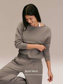 GLOWMODE SoftSerene Modal Cozy Companion Soft Silky-Smooth Breathable Waist-Length Boatneck Pullover Sweatshirt Daily Casual Wear - Mocha Brown - View 4