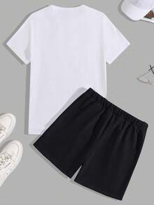 SHEIN Cottnline Men Letter Printed Regular T-Shirt & Short Two-Piece - Black - View 3