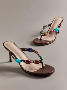 Hauture Sandales à talons stilettos à bride en T ornées de pierres précieuses pour femmes - Bout rond en PU chocolat. Style rétro chic, glamour rétro coloré pour les soirées. - Marron fonçé - Voir 4