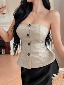 DAZY 女士优雅通勤款前扣吊带背心，夏季 - 卡其色 - 查看 7