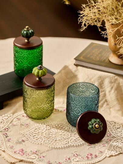 Cirelle 复古浮雕玻璃罐，配精美盖子 – 优雅的浴室收纳罐，可存放棉片和棉签，亦可作为装饰性台面收纳用品