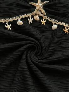 Soleia 女士度假露背系带海星贝壳装饰蕾丝吊带花卉金属扣白色针织纹理修身背心，性感修身时尚上衣，适合派对、约会、邮轮、海滩、度假、音乐节，波西米亚风度假海星泳衣黑色泳衣上装，海滩邮轮度假吊带背心，休闲度假，海滩度假贝壳泳衣 - 黑色 - 查看 3