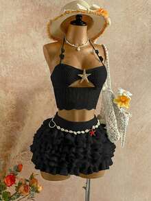 Soleia Women's Romantic Vacation Knit Halter Neck Tie Top And Multi-Layer Ruffle Hem Midi Skirt 2-Piece Set, Suitable For Beach, Seaside, Sexy, Dating Beach Skirt Set Vacation Outfits Woman 2 Piece Women Summer 2 Pieces Sets Festival Two Piece Outfit Skirt Swimsuit Set - Black - View 8