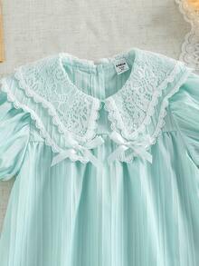 SHEIN Đầm hè màu xanh nhạt pha lục lam tay phồng viền ren cho bé gái, kiểu dáng ngọt ngào và dễ thương, thanh lịch và tươi tắn, thích hợp cho tiệc sinh nhật, mặc hàng ngày và đi nghỉ mát. - màu xanh lá - Xem 5