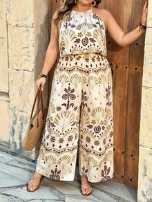 SHEIN CURVE+ Curve 尺码 US22 音乐节、海滨度假、波西米亚休闲度假图腾印花露背连体裤 - 彩色 - 查看 9