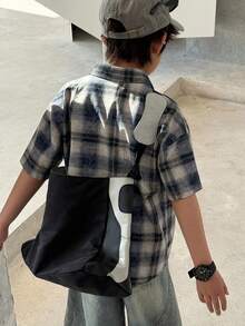 DAZY Tween Boy Plaid Short Sleeve Single-Breasted Casual Loose Shirt Summer - Blue - View 3