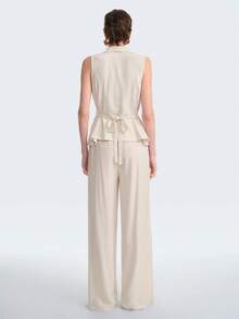Aalyst Bộ trang phục nữ mùa xuân/hè cho buổi hẹn hò/dạo chơi, dịp năm mới, Lễ tình nhân, Lễ Phục sinh, Ngày của Mẹ, lễ cưới kiểu Trung Đông, thanh lịch, thoải mái, đi làm, nghỉ dưỡng, áo không tay cổ bẻ buộc eo bằng vải lanh + quần dài ống đứng xếp ly, có túi, màu mơ, màu vải lanh. - Màu be - Xem 6